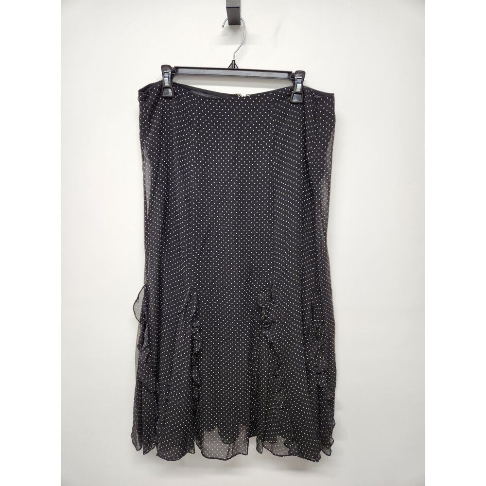 Vintage Ralph Lauren Silk Polka Dots Ruffle Hem Midi Skirt, Sz 14, Black & White